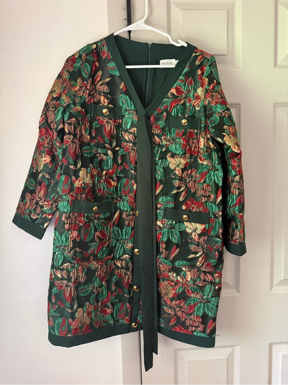 Elegant Floral Jacquard Coat Dress - Green